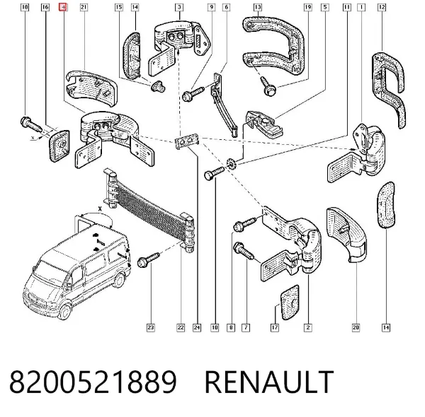 Gozno direito inferior da porta traseira (batente) 8200521889 Renault (RVI)