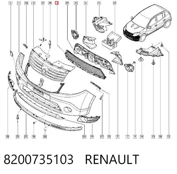 Grelha do pára-choque dianteiro 8200735103 Renault (RVI)
