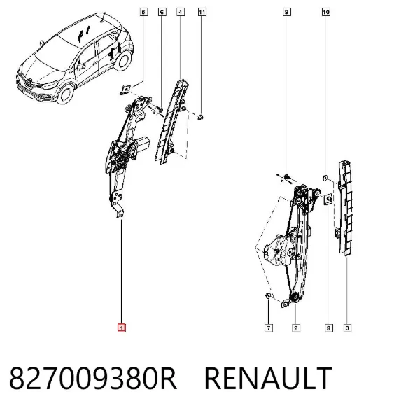 Mecanismo de acionamento de vidro da porta traseira direita 827009380R Renault (RVI)