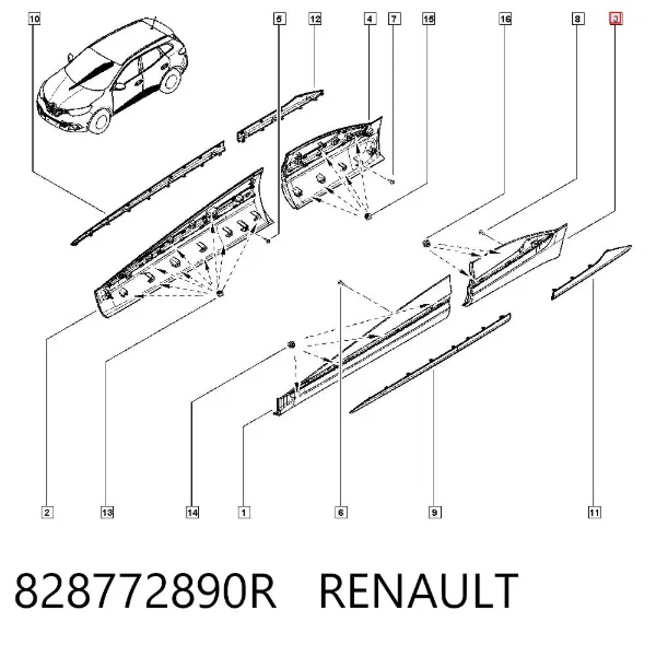 Moldura da porta traseira esquerda inferior 828772890R Renault (RVI)
