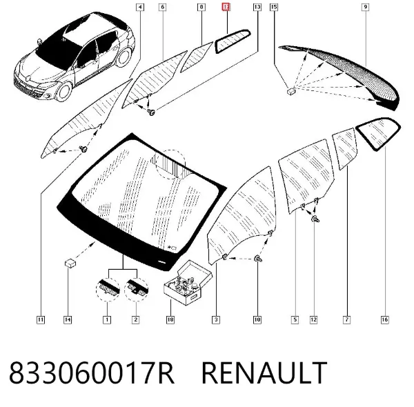 Vidro de carroçaria (da seção de bagagem) direito 833060017R Renault (RVI)