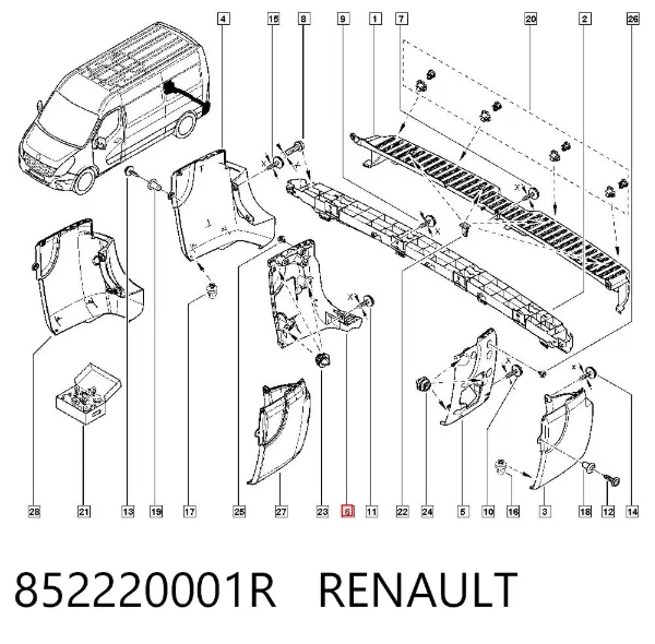 Consola direita do pára-choque traseiro 852220001R Renault (RVI)