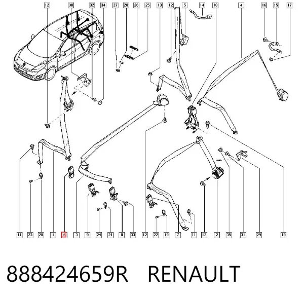 Barra (fecho) de fixação da correia de segurança traseira direita 888424659R Renault (RVI)