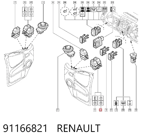 Unidade de botões dianteira esquerda de controlo de elevador de vidro 91166821 Renault (RVI)