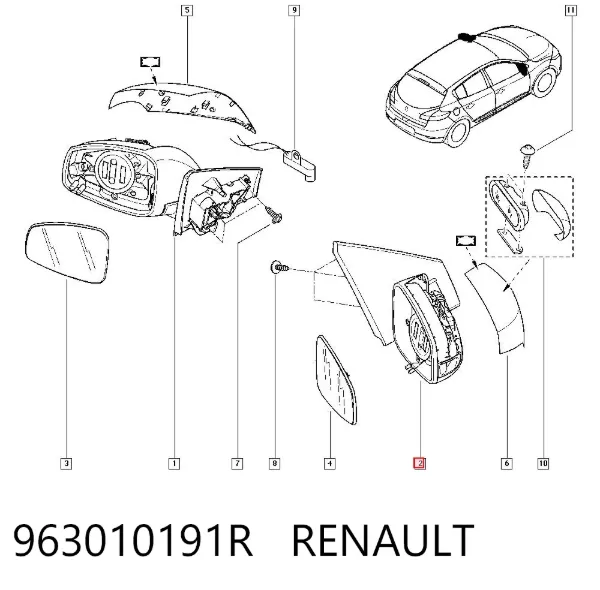 Espelho de retrovisão direito 963010191R Renault (RVI)