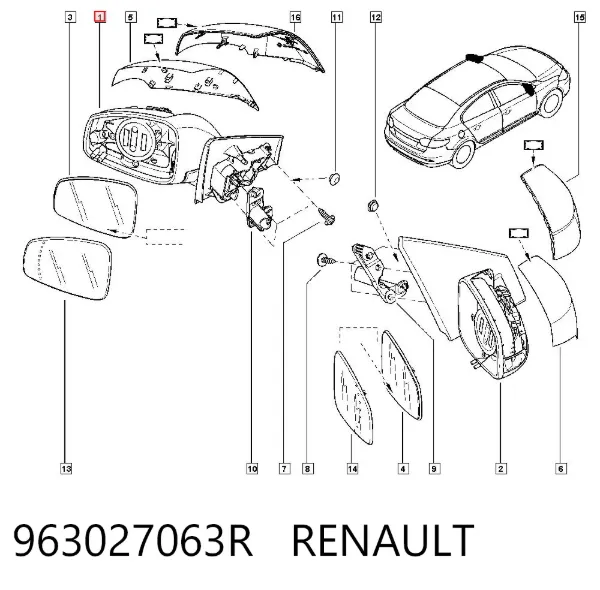 Espelho de retrovisão esquerdo 963027063R Renault (RVI)