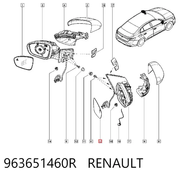 Elemento espelhado do espelho de retrovisão direito 963651460R Renault (RVI)