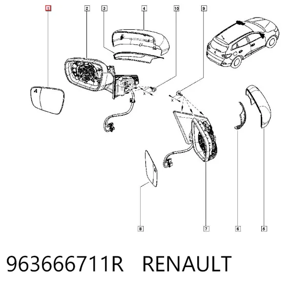 Elemento espelhado do espelho de retrovisão esquerdo 963666711R Renault (RVI)