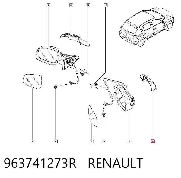 Placa sobreposta (tampa) do espelho de retrovisão direito 963741273R Renault (RVI)