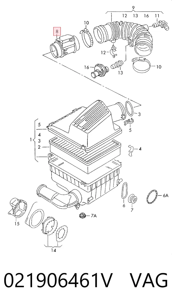 Sensor de fluxo (consumo) de ar, medidor de consumo M.A.F. - (Mass Airflow) 021906461V VAG