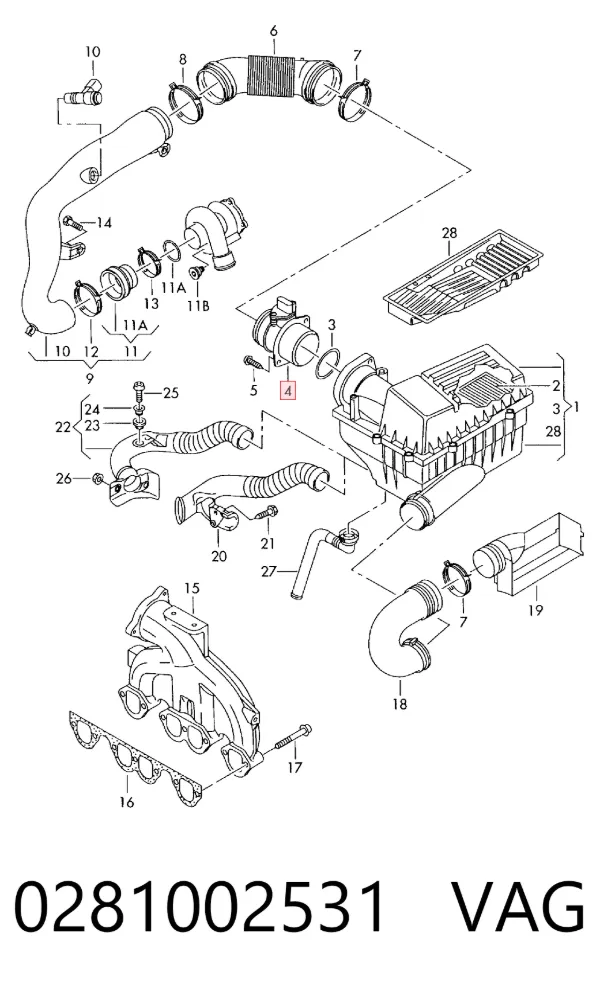 Sensor de fluxo (consumo) de ar, medidor de consumo M.A.F. - (Mass Airflow) 0281002531 VAG