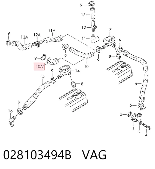 Cano derivado de ventilação de cárter (de separador de óleo) 028103494B VAG