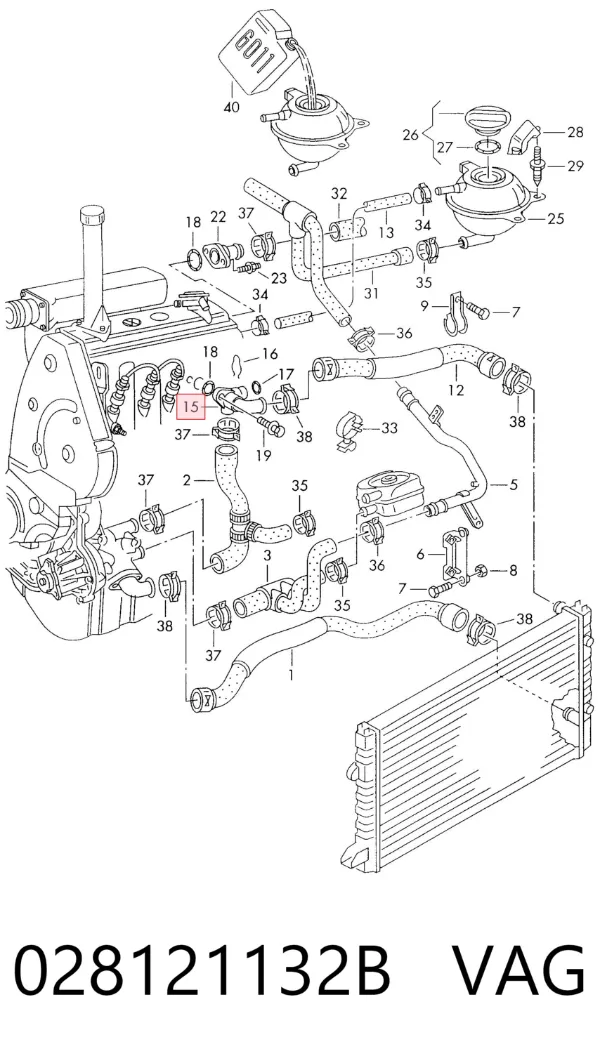 Flange do sistema de esfriamento (união em T) 028121132B VAG