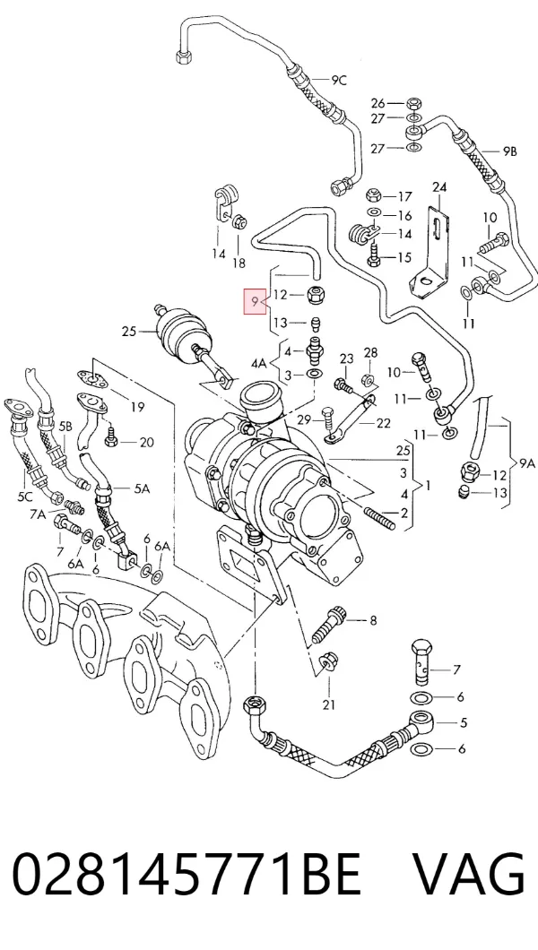 Tubo (mangueira) de fornecimento de óleo de turbina 028145771BE VAG
