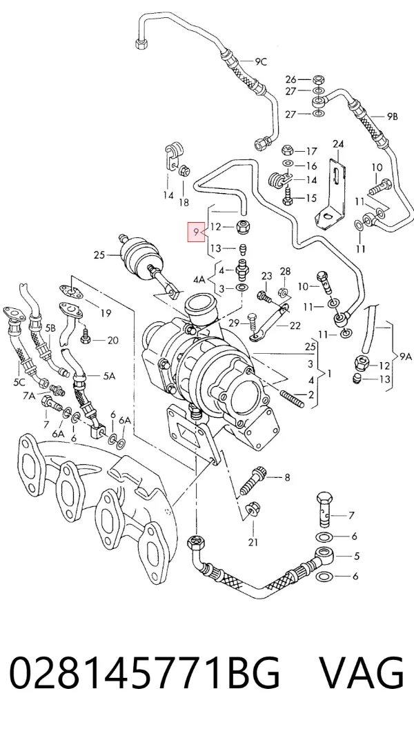 Tubo (mangueira) de fornecimento de óleo de turbina 028145771BG VAG