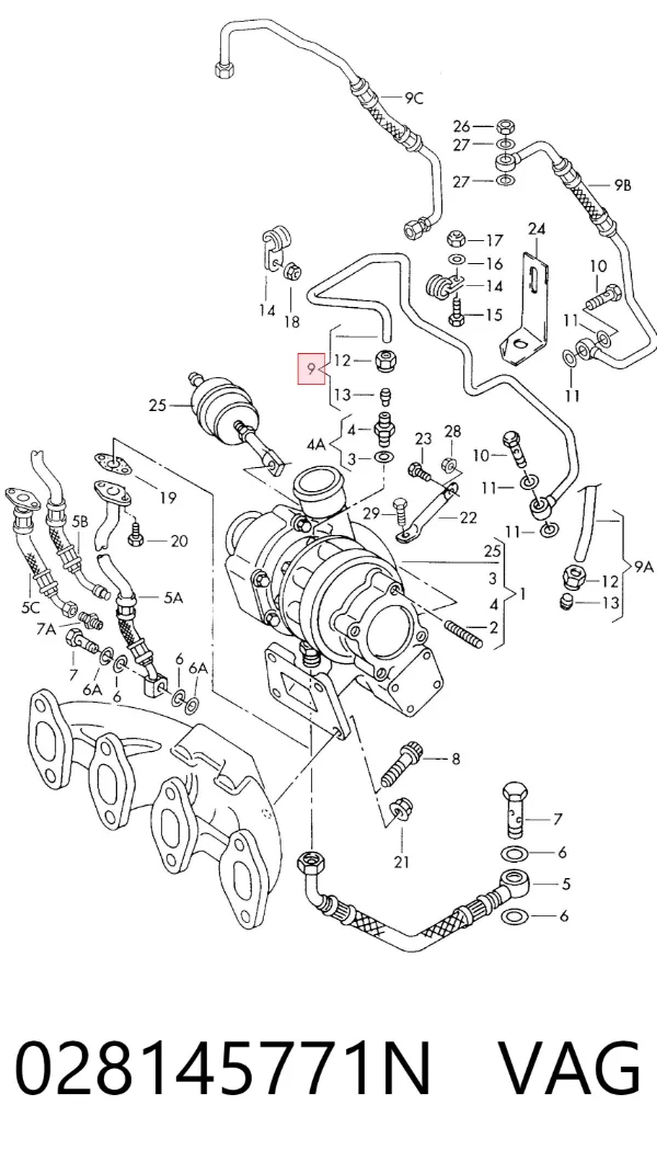 Tubo (mangueira) de fornecimento de óleo de turbina 028145771N VAG