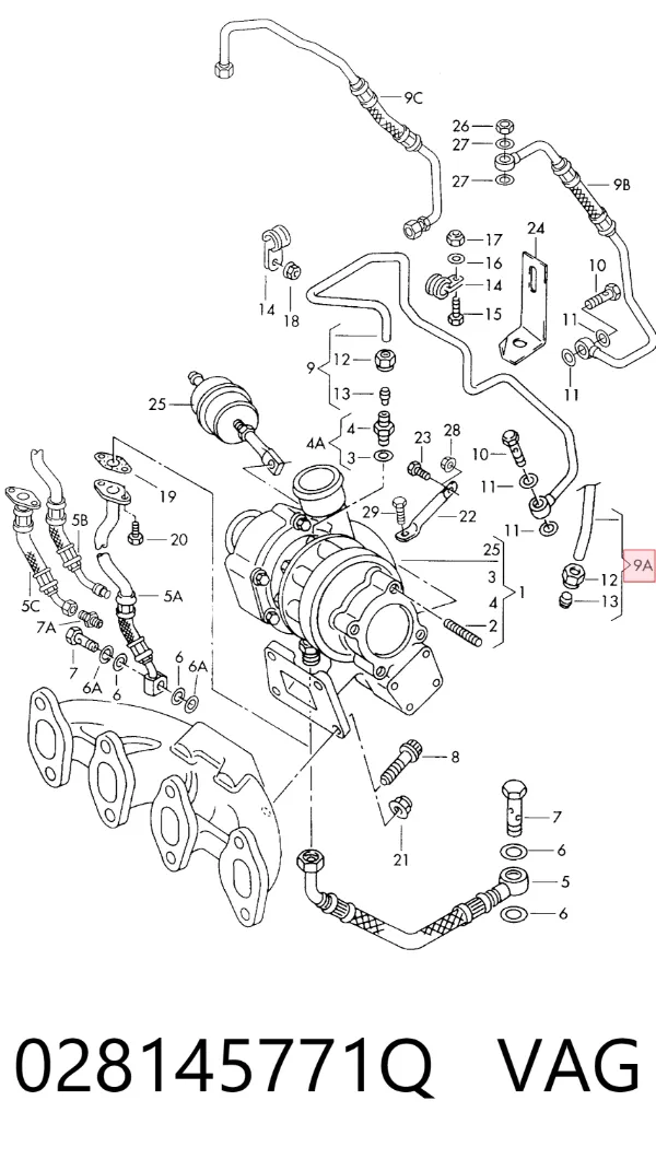 Tubo (mangueira) de fornecimento de óleo de turbina 028145771Q VAG