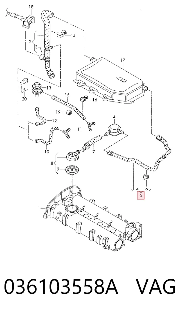 Cano derivado de ventilação de cárter (de separador de óleo) 036103558A VAG