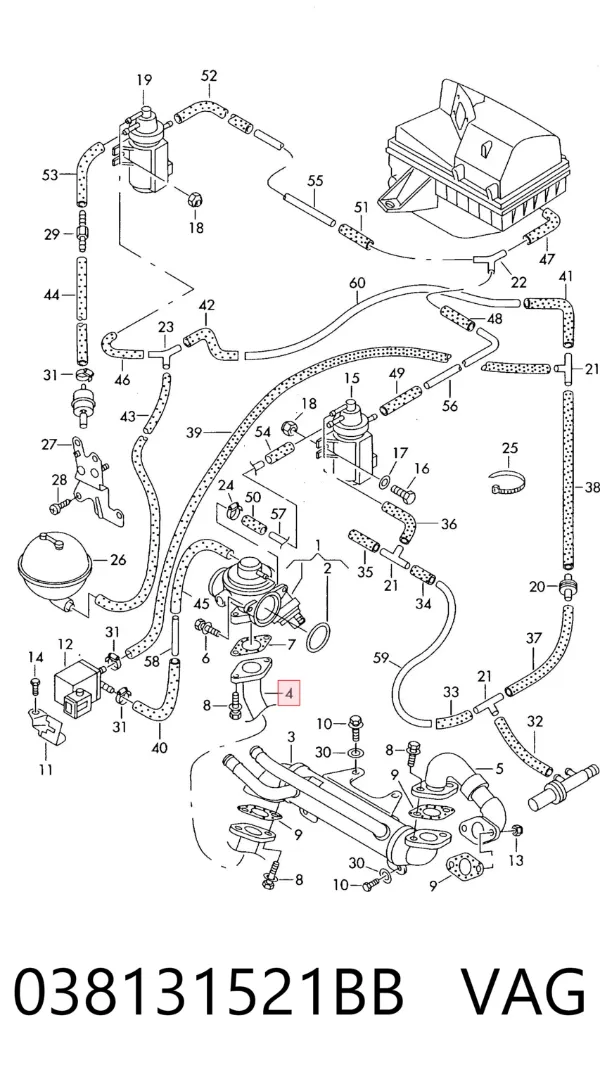 Cano derivado do sistema de recirculação dos gases de escape EGR 038131521BB VAG