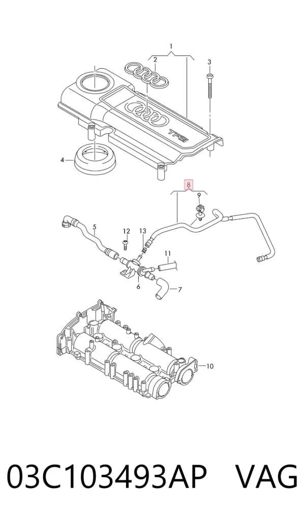 Cano derivado de ventilação de cárter (de separador de óleo) 03C103493AP VAG
