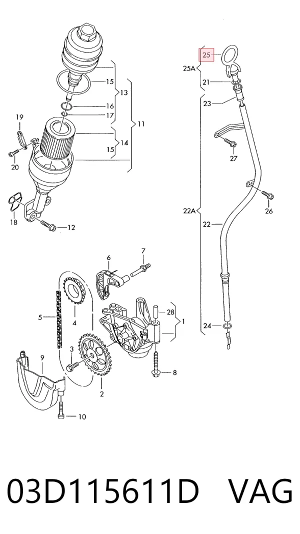Sonda (indicador) do nível de óleo no motor 03D115611D VAG