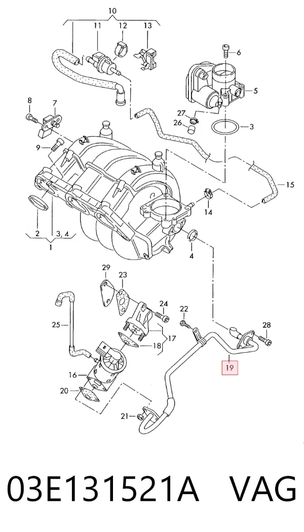 Cano derivado do sistema de recirculação dos gases de escape EGR 03E131521A VAG
