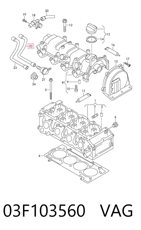 Cano derivado de ventilação de cárter (de separador de óleo) 03F103560 VAG