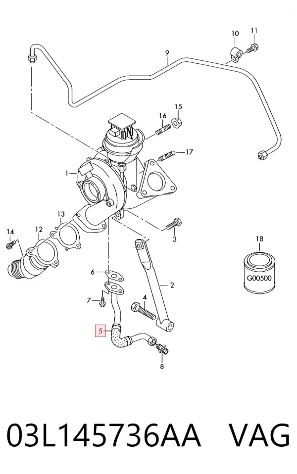 Tubo (mangueira) de derivação de óleo de turbina 03L145736AA VAG