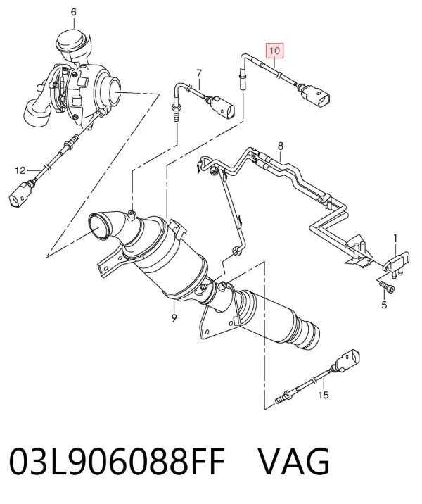 Sensor de temperatura dos gases de escape (GE), antes de filtro de partículas diesel 03L906088FF VAG