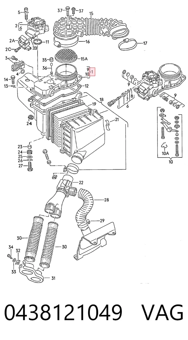 Sensor de fluxo (consumo) de ar, medidor de consumo M.A.F. - (Mass Airflow) 0438121049 VAG