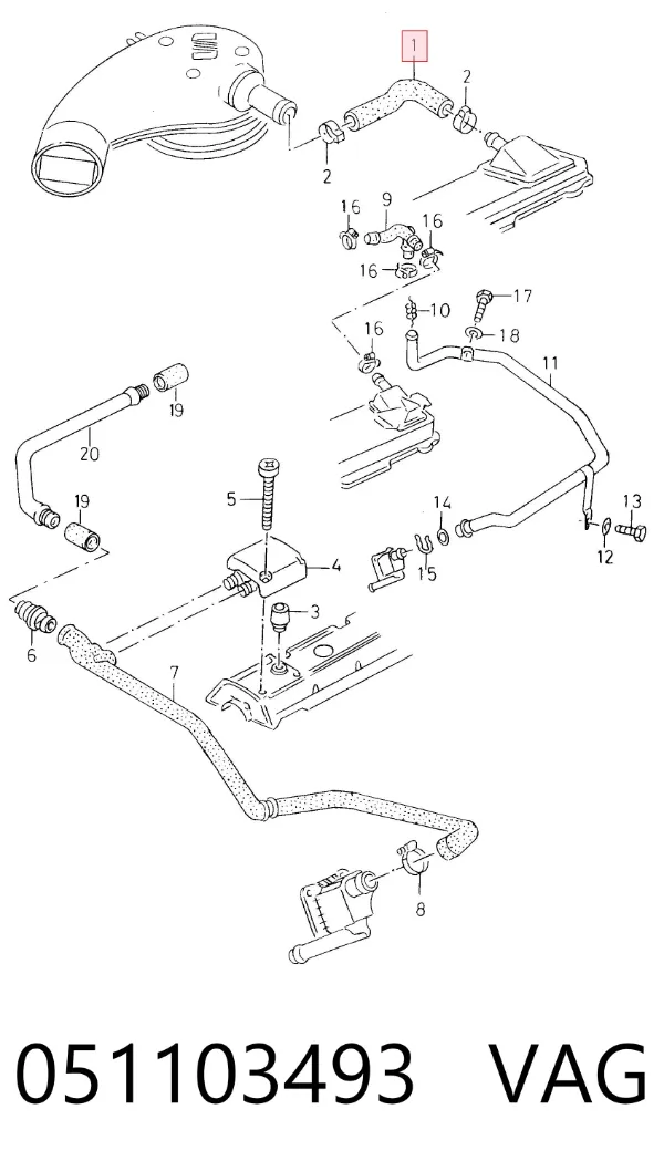 Cano derivado de ventilação de cárter (de separador de óleo) 051103493 VAG
