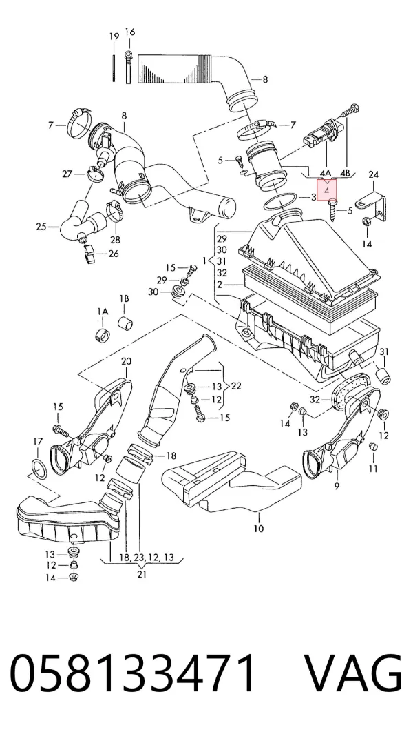 Sensor de fluxo (consumo) de ar, medidor de consumo M.A.F. - (Mass Airflow) 058133471 VAG