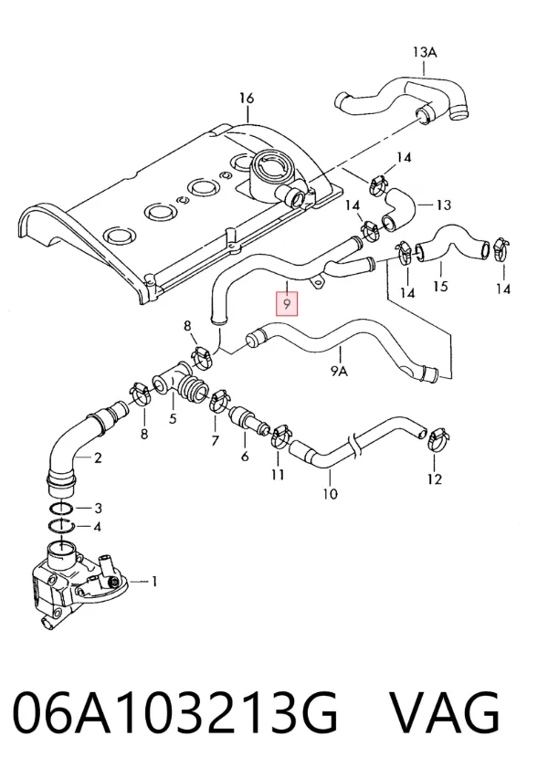 Cano derivado de ventilação de cárter (de separador de óleo) 06A103213G VAG