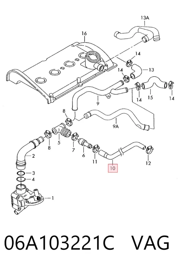 Cano derivado de ventilação de cárter (de separador de óleo) 06A103221C VAG
