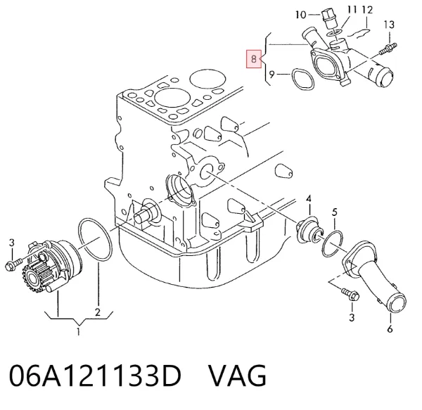 Flange do sistema de esfriamento (união em T) 06A121133D VAG