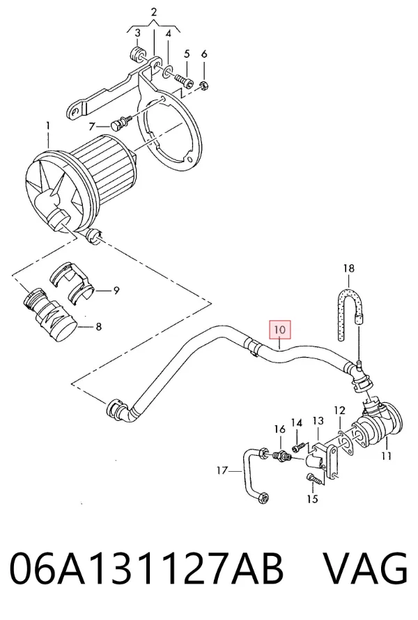 Cano derivado de ventilação de cárter (de separador de óleo) 06A131127AB VAG