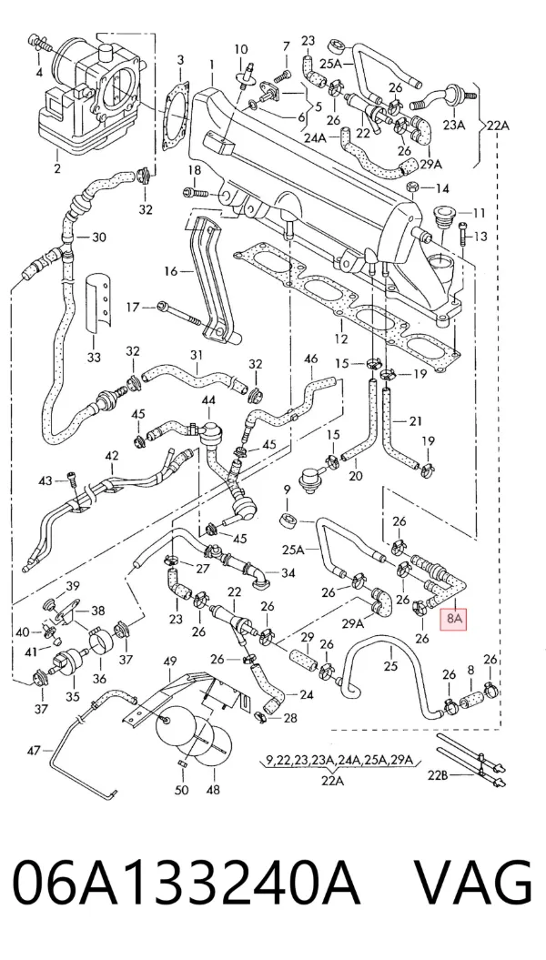 Cano derivado de ventilação de cárter (de separador de óleo) 06A133240A VAG