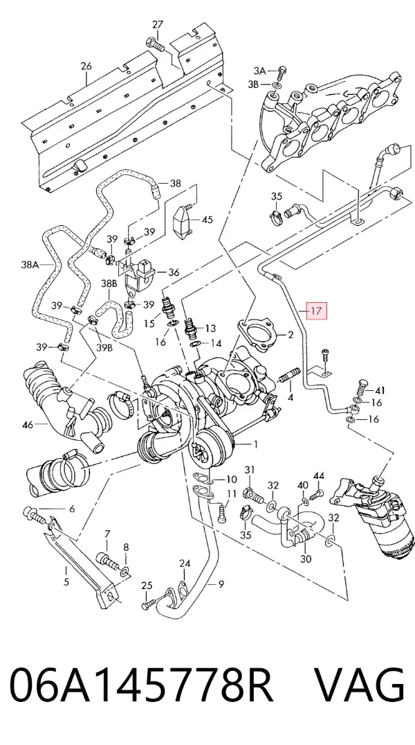 Tubo (mangueira) de fornecimento de óleo de turbina 06A145778R VAG