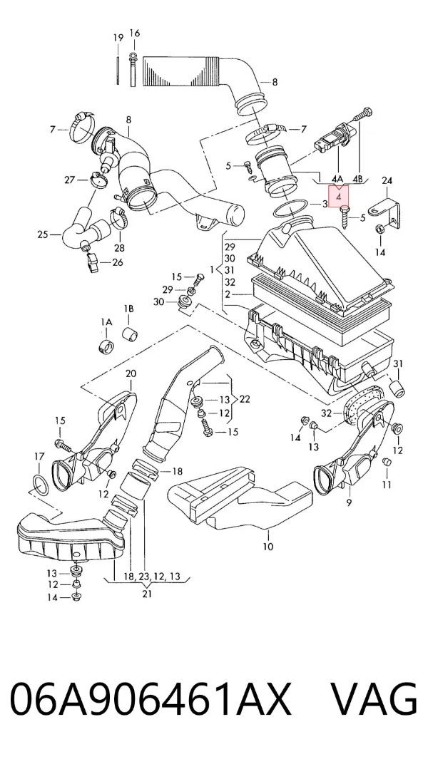 Sensor de fluxo (consumo) de ar, medidor de consumo M.A.F. - (Mass Airflow) 06A906461AX VAG
