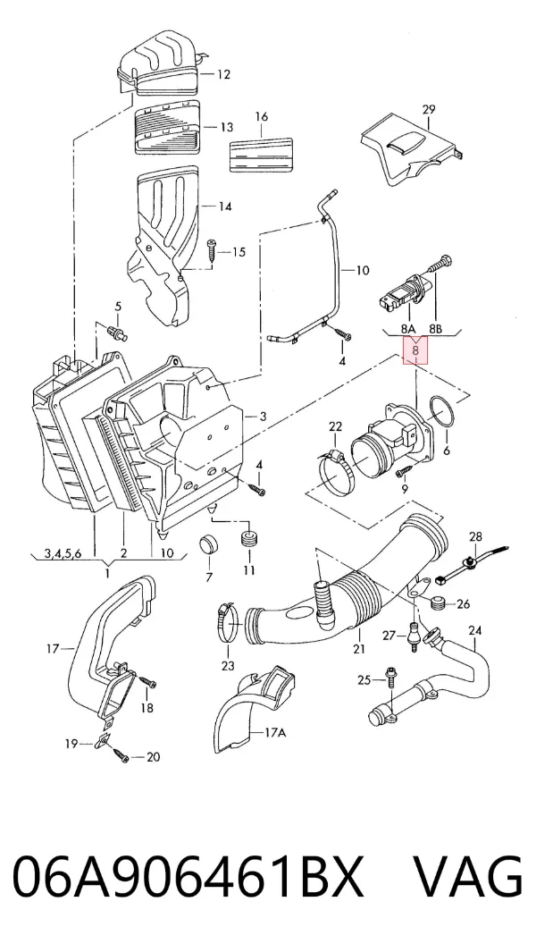 Sensor de fluxo (consumo) de ar, medidor de consumo M.A.F. - (Mass Airflow) 06A906461BX VAG