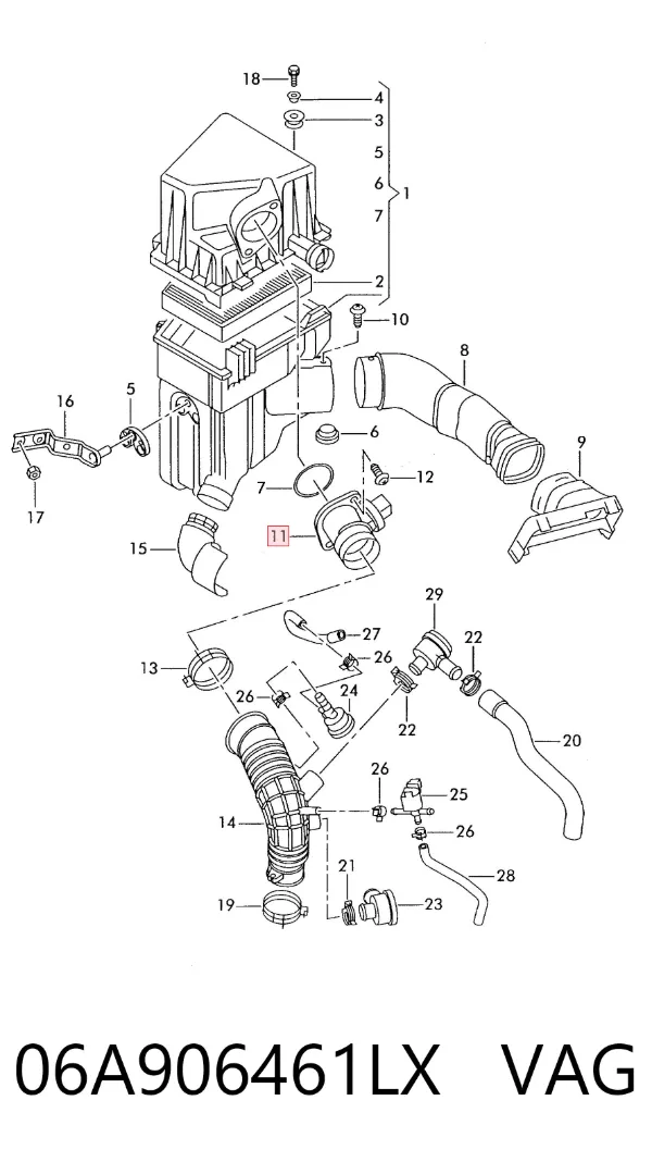 Sensor de fluxo (consumo) de ar, medidor de consumo M.A.F. - (Mass Airflow) 06A906461LX VAG