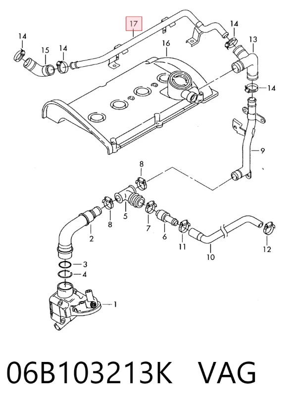 Cano derivado de ventilação de cárter (de separador de óleo) 06B103213K VAG
