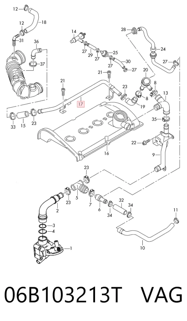 Cano derivado de ventilação de cárter (de separador de óleo) 06B103213T VAG