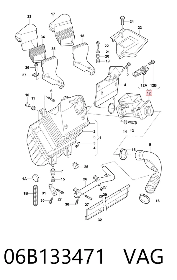 Sensor de fluxo (consumo) de ar, medidor de consumo M.A.F. - (Mass Airflow) 06B133471 VAG