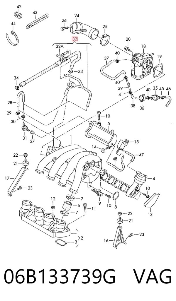 Cano derivado de ventilação de cárter (de separador de óleo) 06B133739G VAG