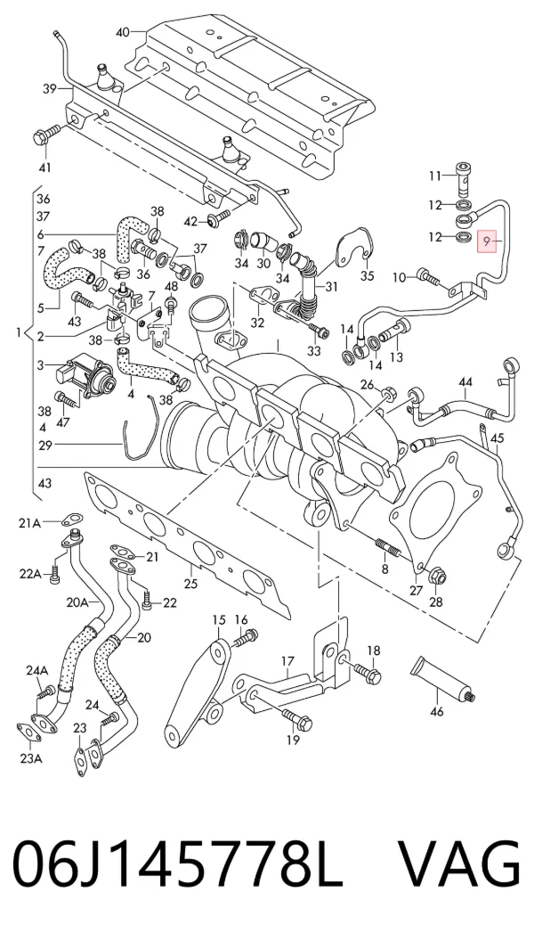 Tubo (mangueira) de fornecimento de óleo de turbina 06J145778L VAG