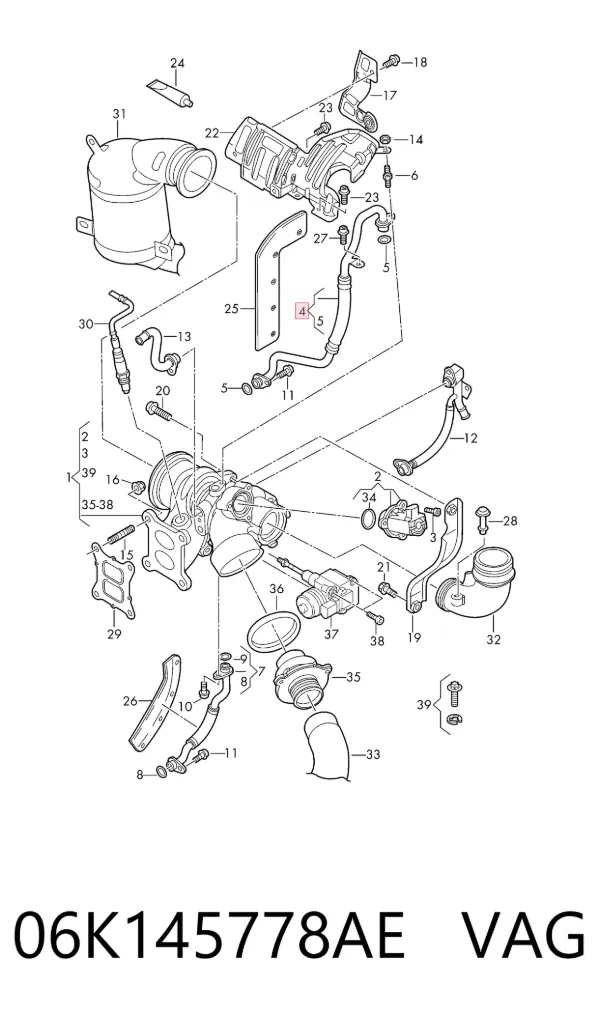 Tubo (mangueira) de fornecimento de óleo de turbina 06K145778AE VAG