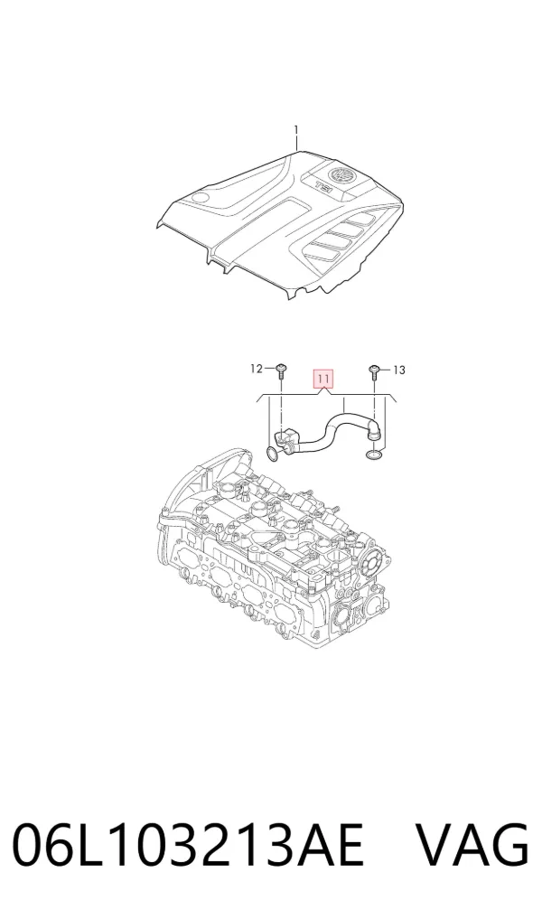 Cano derivado de ventilação de cárter (de separador de óleo) 06L103213AE VAG