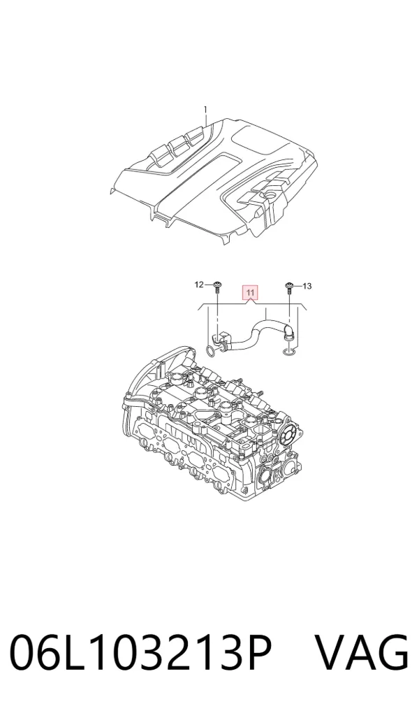 Cano derivado de ventilação de cárter (de separador de óleo) 06L103213P VAG