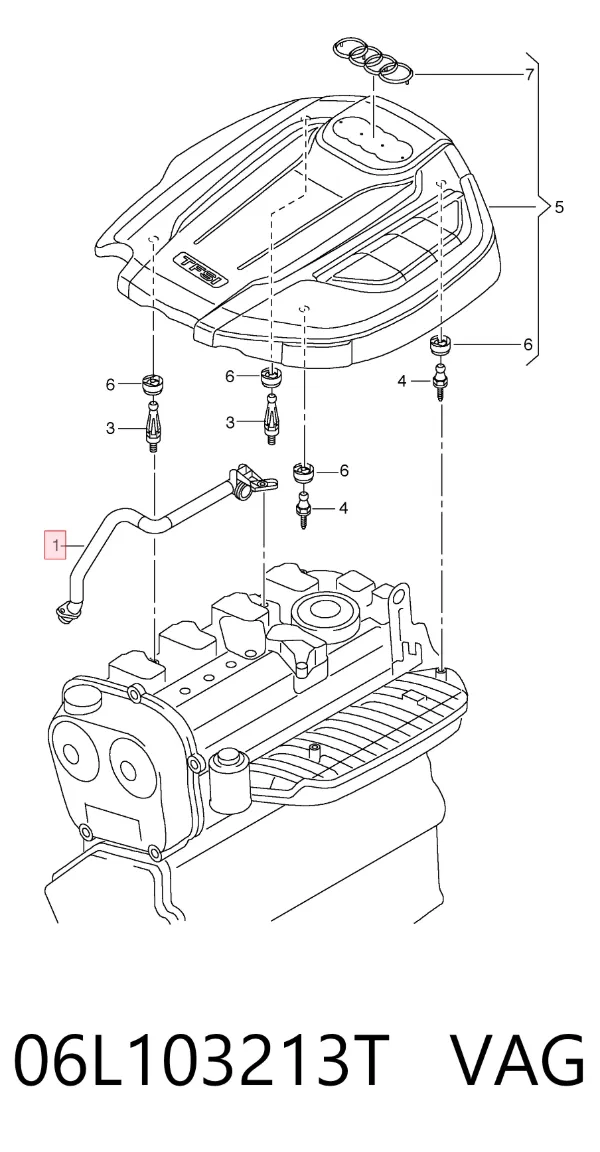 Cano derivado de ventilação de cárter (de separador de óleo) 06L103213T VAG